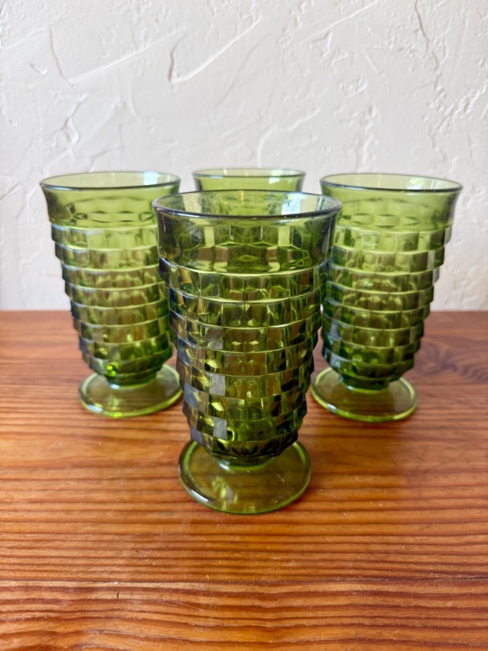 Indiana Glass Whitehall Cubist Olive Green Footed Tumblers Set of 4 - Picture 3 of 15